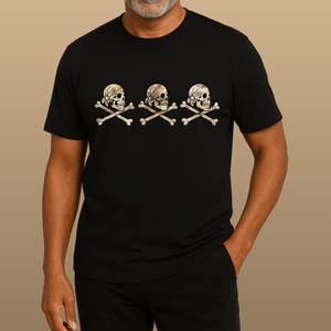 Three Strikes Pirate Tee | Triple Jolly Roger Vintage Skull Graphic | Ultra - Soft Eco - Friendly Graphic Tee