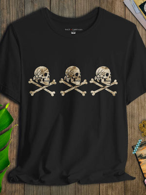 Three Strikes Pirate Tee | Triple Jolly Roger Vintage Skull Graphic | Ultra - Soft Eco - Friendly Graphic Tee